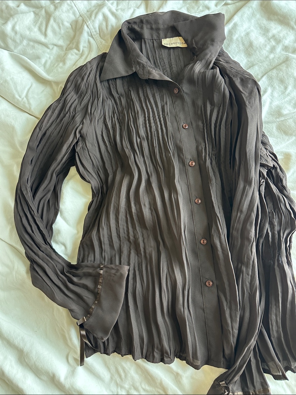 Apostrophe Crinkled Button-Up Blouse in Dark Brown
